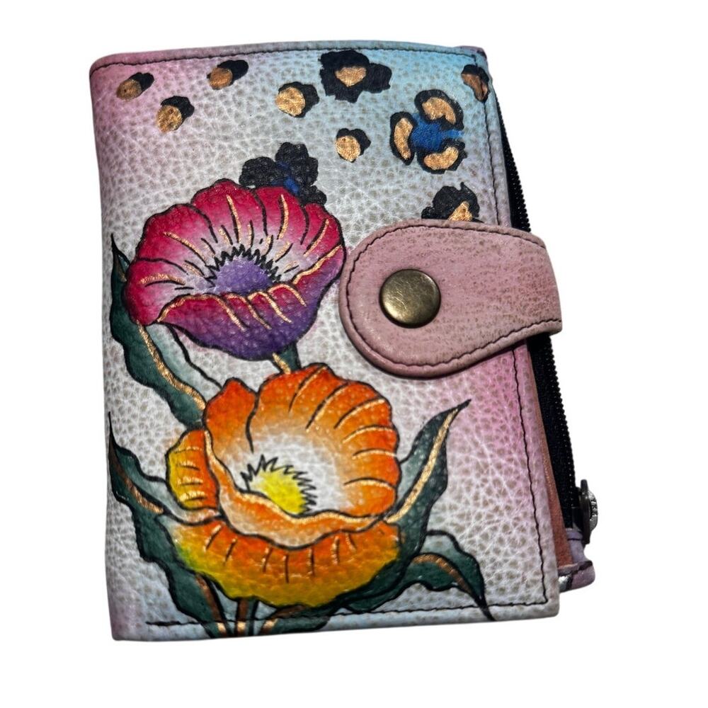 Hand Painted Anuschka Animal Floral Leather Wallet Boho Painted Bifold Wallet